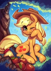 Size: 578x800 | Tagged: safe, artist:hallogreen, applejack, earth pony, pony, apple, cheek squish, cute, jackabetes, looking at you, one eye closed, sitting, solo, squishy cheeks, tree, under the tree, wink