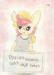 Size: 688x952 | Tagged: safe, artist:slightlyshade, sunset shimmer, anthro, clothes, no pants, shirt, sign, solo, traditional art, we don't normally wear clothes