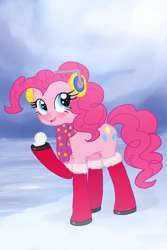 Size: 1000x1500 | Tagged: safe, artist:white0canvas, pinkie pie, earth pony, pony, boots, clothes, earmuffs, scarf, snow, snowball, solo, winter