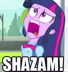 Size: 236x250 | Tagged: safe, derpibooru import, edit, edited screencap, screencap, twilight sparkle, equestria girls, equestria girls (movie), caption, cropped, exploitable meme, font, image macro, meme, shazam, twiscream