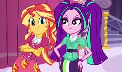 Size: 1166x686 | Tagged: safe, artist:ktd1993, aria blaze, sunset shimmer, equestria girls, bracelet, carousel boutique, crossed arms, female, hand on hip, jewelry, lesbian, new outfit, school spirit, shipping, stairs, sun, sunblaze