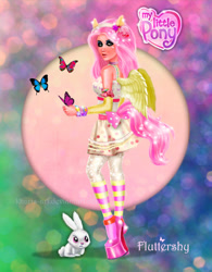 Size: 790x1012 | Tagged: safe, artist:kharis-art, angel bunny, fluttershy, human, clothes, dress, eared humanization, humanized, light skin, solo, tailed humanization, winged humanization