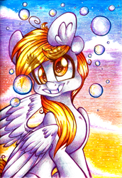 Size: 957x1393 | Tagged: safe, artist:tidalwav-3, derpy hooves, pegasus, pony, bubble, female, mare, sitting, smiling, solo, traditional art