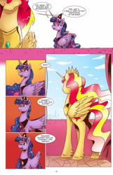 Size: 1253x1950 | Tagged: safe, artist:saturdaymorningproj, sunset shimmer, twilight sparkle, twilight sparkle (alicorn), alicorn, pony, comic:a princess' worth, alicornified, alternate universe, balcony, behind, comic, race swap, shimmercorn