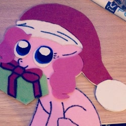 Size: 640x640 | Tagged: safe, pinkie pie, earth pony, pony, christmas, craft, googly eyes, hat, santa hat, solo