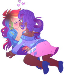 Size: 1024x1208 | Tagged: safe, artist:saminamina, derpibooru import, rainbow dash, rarity, human, better together, equestria girls, blushing, clothes, eyes closed, female, heart, humanized, kissing, lesbian, raridash, shipping, simple background, transparent background