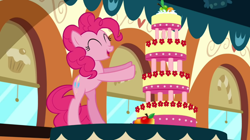 Size: 1050x590 | Tagged: safe, screencap, pinkie pie, earth pony, pony, mmmystery on the friendship express, cake, eyes closed, female, food, mare, marzipan mascarpone meringue madness, solo