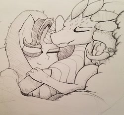 Size: 1024x952 | Tagged: safe, artist:zalla661, princess ember, starlight glimmer, dragon, pony, cuddling, emberglimmer, female, interspecies, lesbian, monochrome, shipping, traditional art