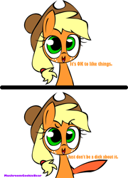 Size: 1488x2067 | Tagged: safe, artist:mushroomcookiebear, applejack, earth pony, pony, comic, it's okay to like things, truth, vulgar