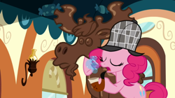 Size: 1050x590 | Tagged: safe, screencap, pinkie pie, earth pony, pony, mmmystery on the friendship express, bubble pipe, deerstalker, eyes closed, female, hat, mare, mousse moose, solo