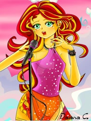 Size: 800x1065 | Tagged: safe, artist:8lunabianca8, sunset shimmer, equestria girls, rainbow rocks, beautiful, clothes, cute, female, microphone, moe, nail polish, open mouth, shimmerbetes, singing, skirt, solo, sparkling, watermark, welcome to the show