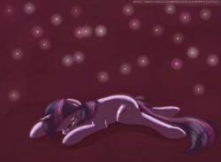 Size: 930x680 | Tagged: safe, artist:nos-talgia, derpibooru import, twilight sparkle, firefly (insect), crying, floppy ears, lights, lying down, prone, sad, solo