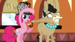 Size: 1050x590 | Tagged: safe, screencap, mulia mild, pinkie pie, donkey, earth pony, hybrid, mule, pony, mmmystery on the friendship express, bubble pipe, deerstalker, duo, ear piercing, earring, female, hat, jewelry, mare, necklace, pearl necklace, piercing