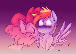 Size: 2717x1939 | Tagged: safe, artist:drawbauchery, artist:galacticsplatters, derpibooru import, pinkie pie, rainbow dash, earth pony, pegasus, pony, blushing, chest fluff, cute, eyes closed, female, fluffy, high res, kiss on the cheek, kissing, lesbian, mare, pinkiedash, shipping, spread wings, watermark, wingboner, wings