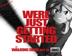 Size: 1868x1440 | Tagged: safe, artist:ngrycritic, sunset shimmer, equestria girls, amc, baseball bat, clothes, crossover, evil grin, grin, jacket, monochrome, negan, negan shimmer, smiling, solo, the walking dead