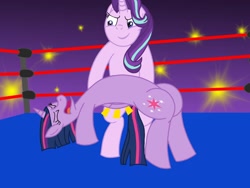 Size: 1600x1200 | Tagged: safe, artist:toyminator900, starlight glimmer, twilight sparkle, twilight sparkle (alicorn), alicorn, pony, unicorn, camera flashes, fight, sports, wrestling