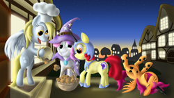Size: 3000x1688 | Tagged: safe, artist:dcencia, apple bloom, derpy hooves, scootaloo, sweetie belle, pony, bipedal, clothes, costume, cutie mark crusaders, hat, laughing, muffin, nightmare night