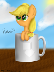 Size: 1500x2000 | Tagged: safe, applejack, earth pony, pony, coffee, cup, cup of pony, green eyes, smiling, smirk, solo, sugarcube