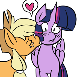 Size: 1000x1000 | Tagged: safe, artist:fauxsquared, applejack, twilight sparkle, twilight sparkle (alicorn), alicorn, earth pony, pony, bedroom eyes, female, kissing, lesbian, mare, out of context, shipping, trixie is magic, twijack