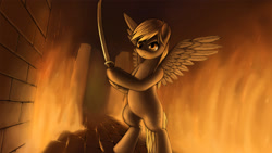 Size: 1920x1080 | Tagged: safe, artist:lurarin, derpy hooves, pony, bipedal, derp, epic derpy, fire, katana, looking at you, serious face, solo, spread wings, sword, wallpaper, weapon