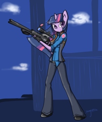 Size: 1500x1800 | Tagged: safe, artist:xonitum, derpibooru import, twilight sparkle, anthro, unicorn, ambiguous facial structure, cloud, cosplay, crossover, female, gun, horn, machina, optical sight, rifle, sniper, sniper rifle, solo, team fortress 2, weapon