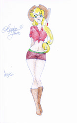 Size: 709x1126 | Tagged: safe, artist:wilhelminka, applejack, belly button, humanized, midriff, solo, traditional art