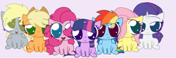 Size: 943x309 | Tagged: safe, artist:skoon, applejack, derpy hooves, fluttershy, pinkie pie, rainbow dash, rarity, twilight sparkle, earth pony, pegasus, pony, unicorn, cute, female, mane six, mare, simple background