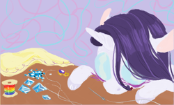 Size: 788x478 | Tagged: safe, artist:sugaryboogary, rarity, pony, unicorn, cloth, gem, messy mane, needle, rainbow thread, solo, table, thread, working