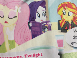 Size: 1600x1200 | Tagged: safe, coloratura, fluttershy, rarity, sunset shimmer, epic fails (equestria girls), eqg summertime shorts, equestria girls, clothes, cup, eyes closed, jacket, leather jacket, magazine, official, plate, rara, scan, skirt, united kingdom