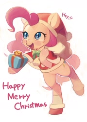 Size: 1280x1791 | Tagged: safe, artist:aruurara, pinkie pie, earth pony, pony, bipedal, christmas, cute, diapinkes, hat, present, santa hat, solo