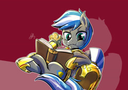 Size: 3507x2480 | Tagged: safe, artist:light262, oc, oc only, oc:cloud zapper, pegasus, pony, armor, book, commission, eating, food, male, muffin, reading, royal guard, solo, stallion