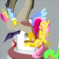 Size: 1000x1000 | Tagged: safe, artist:jun, discord, fluttershy, pegasus, pony, blushing, pixiv