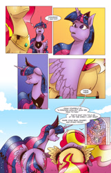 Size: 1253x1950 | Tagged: safe, artist:saturdaymorningproj, spike, sunset shimmer, twilight sparkle, twilight sparkle (alicorn), alicorn, dragon, pony, comic:a princess' worth, alicornified, alternate universe, both cutie marks, comic, crying, hug, plot, plot pair, race swap, shimmercorn, stained glass, winghug