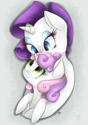 Size: 900x1273 | Tagged: safe, artist:grandifloru, rarity, sweetie belle, pony, unicorn, female, filly, horn, hug, mare, siblings, sisters