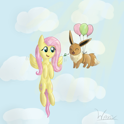 Size: 2000x2000 | Tagged: safe, artist:wave-realm, fluttershy, pegasus, pony, balloon, crossover, cute, eevee, eyes closed, floating, flying, music notes, open mouth, pokémon, smiling