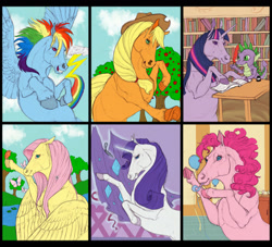 Size: 1300x1179 | Tagged: safe, artist:anarchpeace, artist:sirfy, derpibooru import, applejack, fluttershy, pinkie pie, rainbow dash, rarity, spike, twilight sparkle, bird, butterfly, dragon, earth pony, pegasus, pony, unicorn, bipedal, book, cloth, colored, floppy ears, grin, hoers, magic, mane seven, mane six, party horn, realistic, rearing, scissors, smiling, spread wings, telekinesis, underhoof