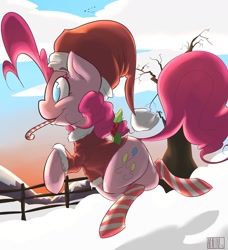 Size: 1280x1402 | Tagged: safe, artist:mcnims, pinkie pie, earth pony, pony, backlighting, candy cane, christmas, clothes, costume, hearth's warming eve, mouth hold, snow, socks, solo, striped socks