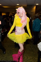 Size: 1365x2048 | Tagged: artist needed, safe, fluttershy, human, belly button, boots, clothes, convention, cosplay, irl, irl human, midriff, nan desu kan, nan desu kan 2013, ndk, photo, skirt, solo