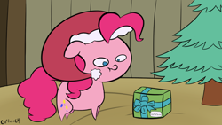 Size: 1280x720 | Tagged: safe, artist:captain64, pinkie pie, earth pony, pony, christmas, hat, present, santa hat, solo
