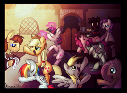 Size: 2232x1635 | Tagged: safe, artist:kikirrikitiki, applejack, derpy hooves, fluttershy, pinkie pie, rainbow dash, rarity, twilight sparkle, oc, earth pony, pegasus, pony, unicorn, bar, drool, drunk, drunk aj, drunk rarity, drunk twilight, drunker dash, drunkie pie, female, magic, mane six, mare, sleeping, telekinesis