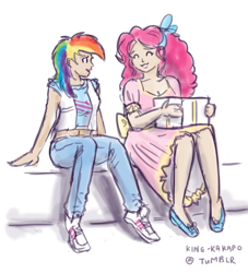 Size: 800x882 | Tagged: safe, artist:king-kakapo, derpibooru import, pinkie pie, rainbow dash, human, clothes, humanized