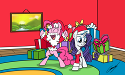 Size: 2500x1500 | Tagged: safe, artist:gearholder, pinkie pie, rarity, earth pony, pony, unicorn, beard, clothes, hat, present, santa costume, santa hat