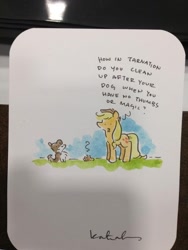 Size: 600x800 | Tagged: safe, artist:katiecandraw, applejack, winona, dog, earth pony, pony, dialogue, female, indeed, katie does it again, mare, poop, traditional art, unopposable hooves