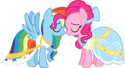 Size: 2521x1367 | Tagged: safe, artist:zacatron94, derpibooru import, pinkie pie, rainbow dash, earth pony, pegasus, pony, clothes, dress, female, lesbian, nuzzling, pinkiedash, shipping