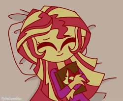 Size: 1213x1000 | Tagged: safe, artist:psychodiamondstar, sunset shimmer, equestria girls, book, clothes, cute, eyes closed, hug, journal, pajamas, shimmerbetes, solo