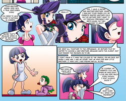 Size: 991x796 | Tagged: safe, artist:mauroz, derpibooru import, edit, rarity, spike, twilight sparkle, comic:la magia de la amistad, adopted offspring, adoption, baby spike, clothes, comic, cropped, dress, humanized