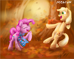 Size: 807x647 | Tagged: safe, artist:mearow, applejack, pinkie pie, earth pony, pony, autumn, clothes, playful, scarf