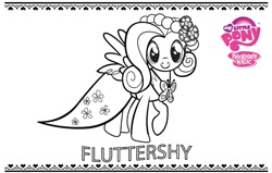 Size: 739x469 | Tagged: safe, fluttershy, butterfly, pegasus, pony, clothes, coloring book, cute, dress, logo, looking at you, official, solo