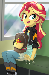 Size: 500x760 | Tagged: safe, artist:ta-na, sunset shimmer, human, equestria girls, backpack, bronybait, bus, clothes, cute, female, jacket, leather jacket, looking at you, open mouth, school bus, schoolbag, seat, shimmerbetes, sitting, solo