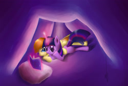 Size: 3100x2100 | Tagged: safe, artist:manearion, derpibooru import, twilight sparkle, oc, book, pillow, reading, tent